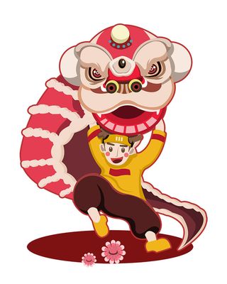 新年春节虎年元宵手绘人物舞狮卡通狮子头插画元素PSD设计素材