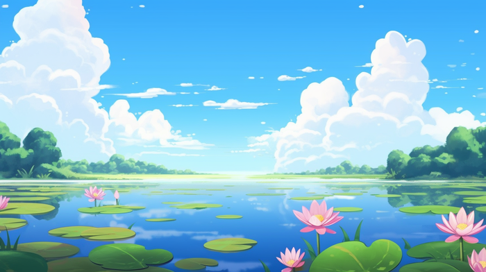 夏日湖面荷花睡莲远山白云卡通插画蓝色背景