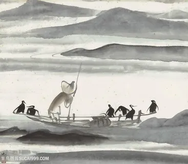 林风眠手绘水墨山脉湖畔美景