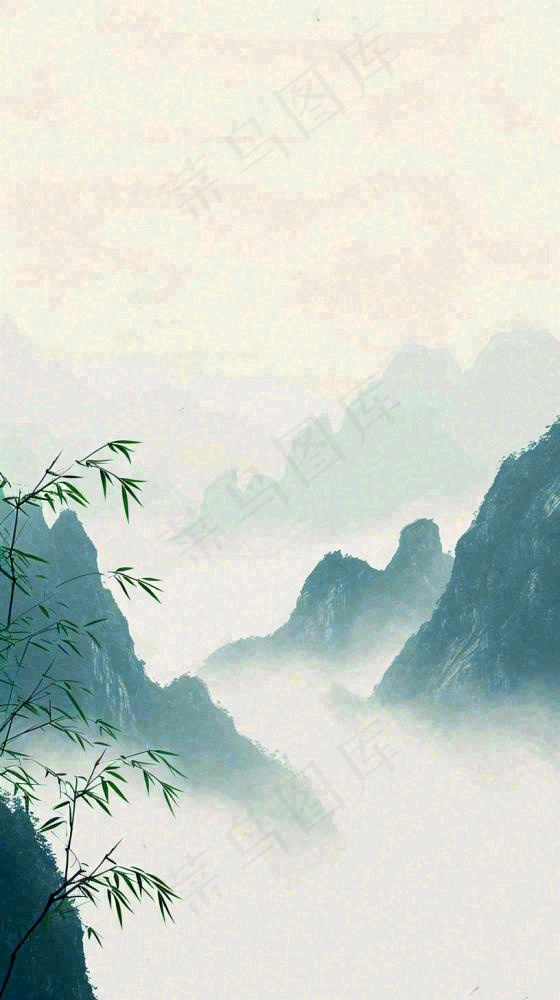 中国风云雾山脉意境竹叶山雾画插画(816x1456)
