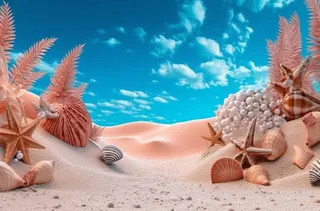 蓝色热带海滩岛屿上的沙子、贝壳、星星、大海和天空的舞台背景