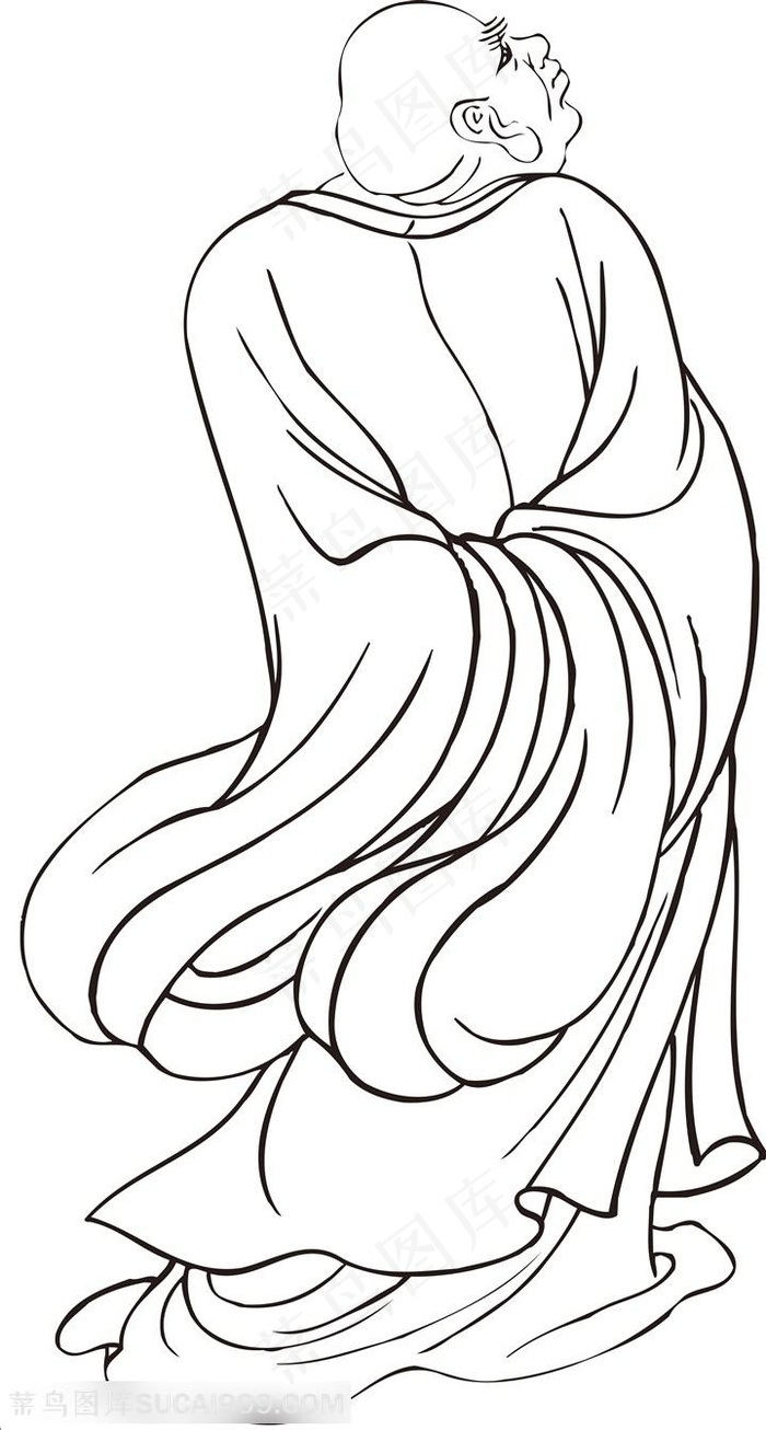 背影和尚手绘线描108罗汉矢量绘画图片