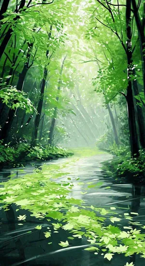 春天绿树成荫的树林里面小溪溪水飘着树叶