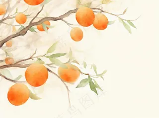 秋季柿子挂枝头橙子水彩国风插画背景