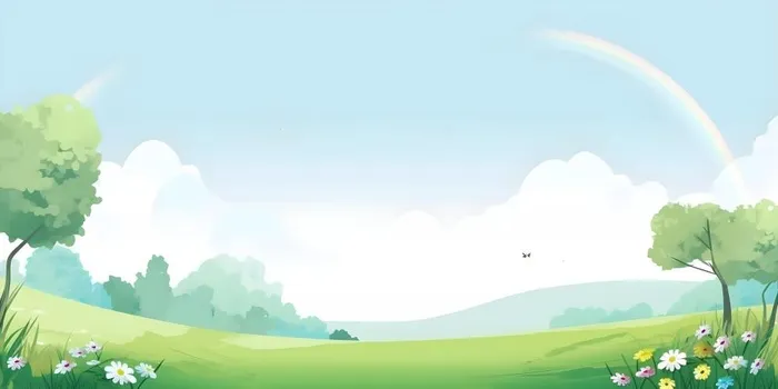 春天蓝天白云彩虹树林草坪手绘插画风景海报素材背景(6144x3072)