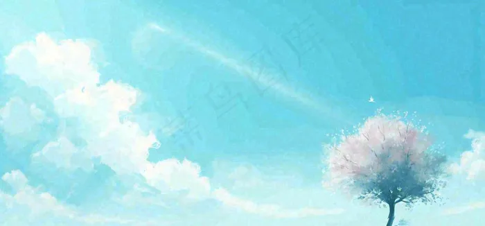 春天蓝色的天空和粉红色的书梦幻场景(1616x752)