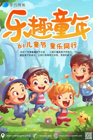 儿童节小孩人物嬉戏打闹大自然山草地海报