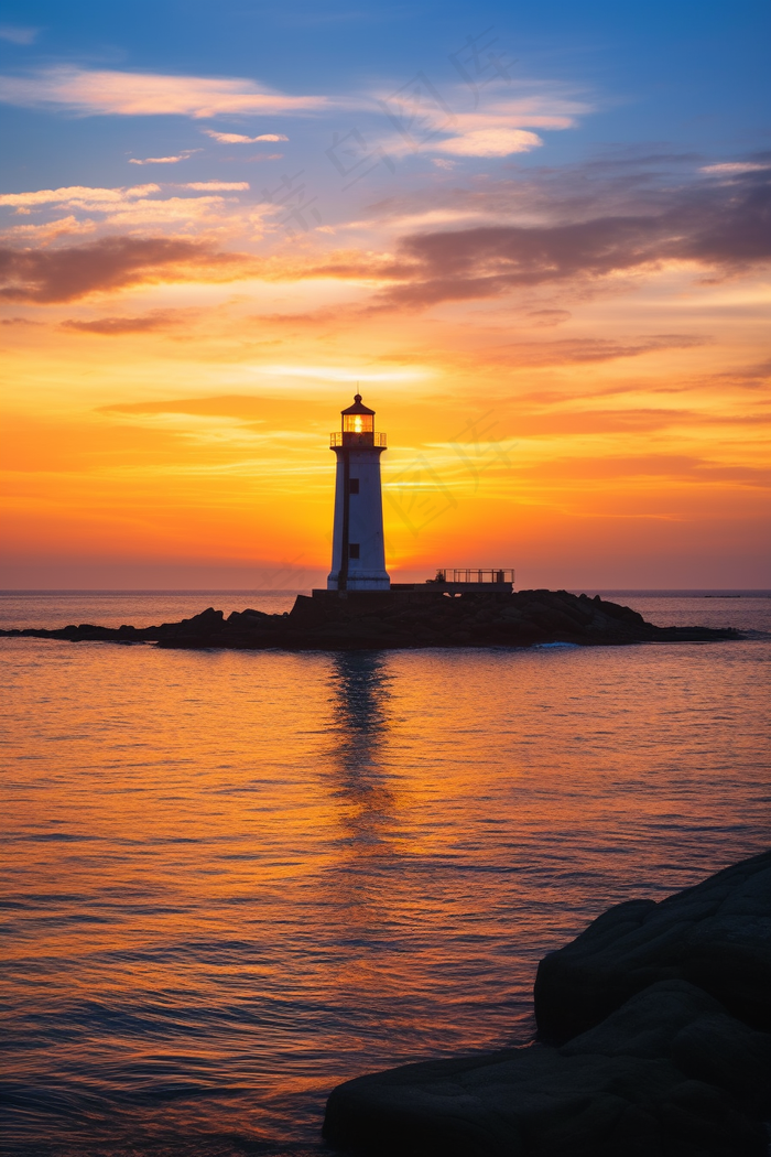 海边晚霞的灯塔日出夕阳摄影图