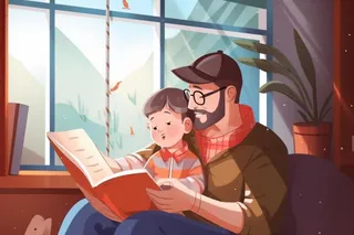 父子看书学习温馨插画背景