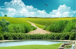 蓝天草原小河背景墙