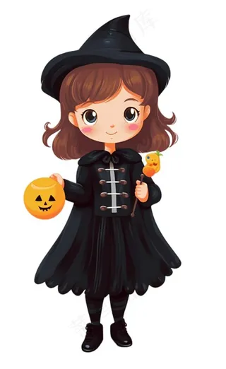 黑色女巫手拿南瓜灯万圣节卡通插画免抠