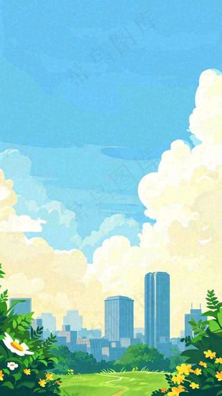 蓝天白云草地树木建筑，春天