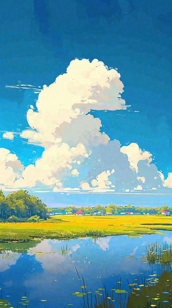 大自然湖面小溪草坪村庄蓝天白云，春天清新阳光(816x1456)