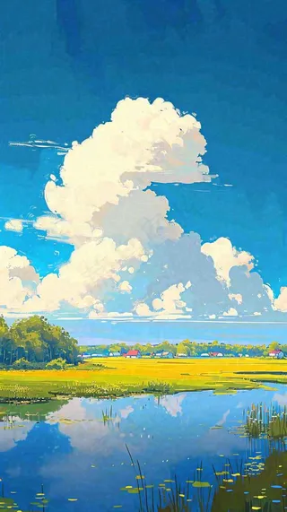 大自然湖面小溪草坪村庄蓝天白云，春天清新阳光