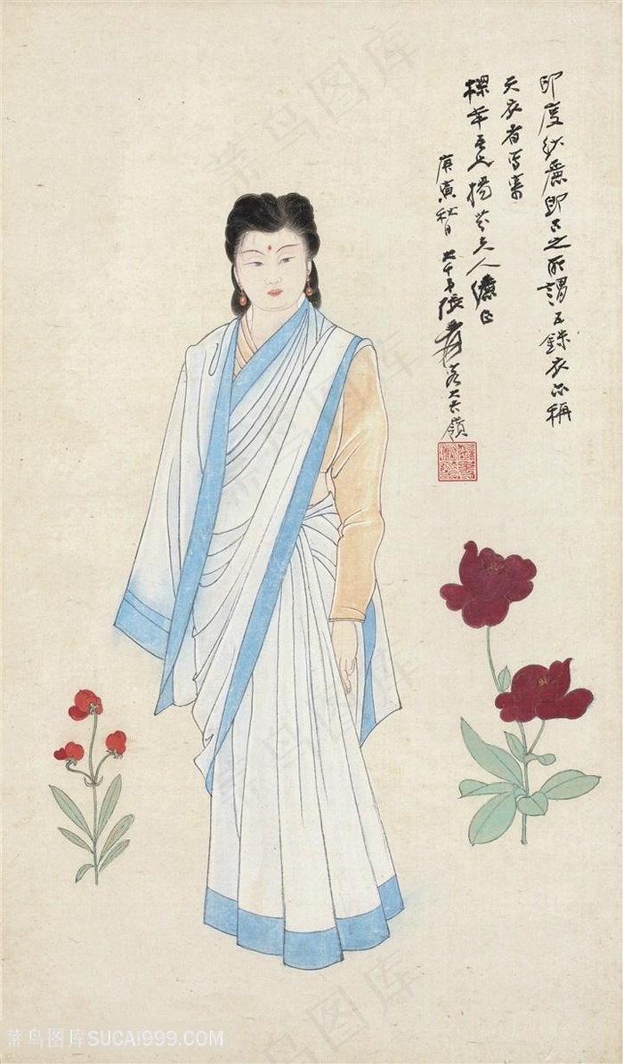 张大千手绘古装美女装饰画