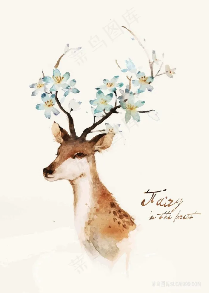 唯美花卉麋鹿水彩艺术插画