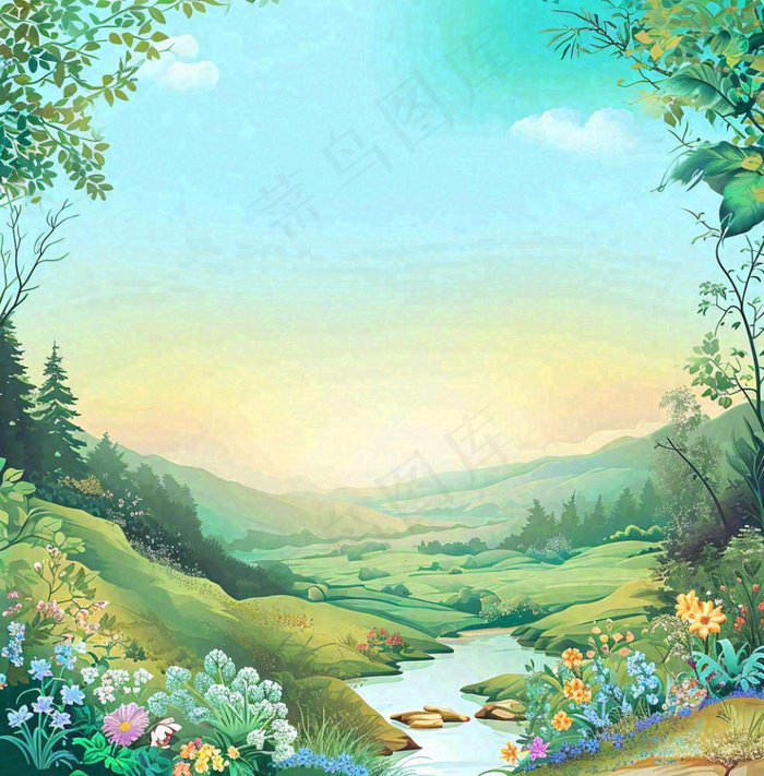 春天山脉小溪河流花丛绿植清新手绘插画，春分惊蛰(1024x1040)