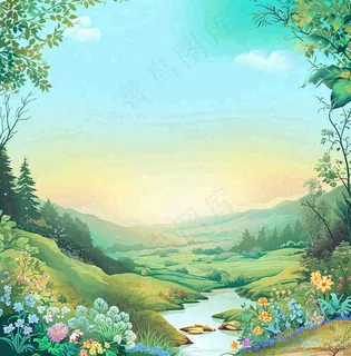 春天山脉小溪河流花丛绿植清新手绘插画,春分惊蛰 春天山脉小溪河流花丛绿植清新手绘插画,春分惊蛰
