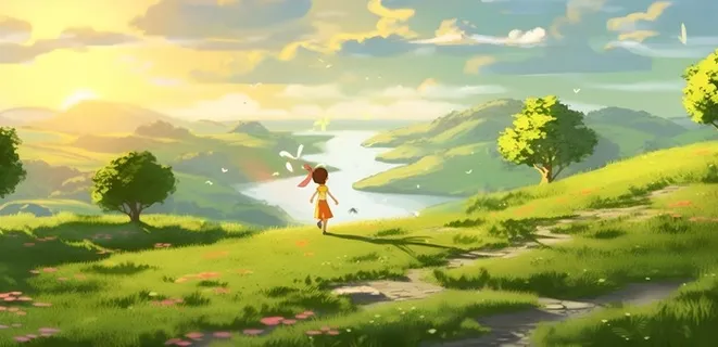 阳光下大树下的孩子草原背景