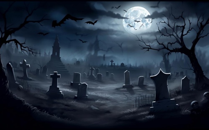 万圣节夜晚坟墓恐怖月色树林插画蓝黑色背景