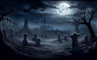 万圣节夜晚坟墓恐怖月色树林插画蓝黑色背景