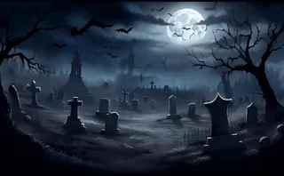 万圣节夜晚坟墓恐怖月色树林插画蓝黑色背景