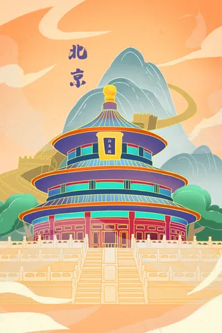 中国风国潮古建筑地标城市古风建筑阁楼印象地标手绘插画PSD素材