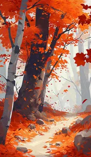 秋天红色秋叶树落叶温馨自然风景,立秋手绘插画 秋天红色秋叶树落叶温馨自然风景,立秋手绘插画