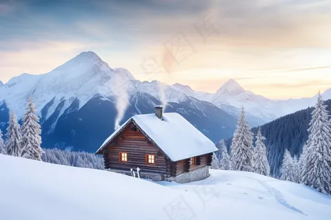 雪山上小木屋风景摄影图 