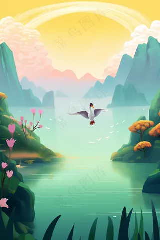 秋季湖水*飞驰的白鹭鹤重阳插画背景