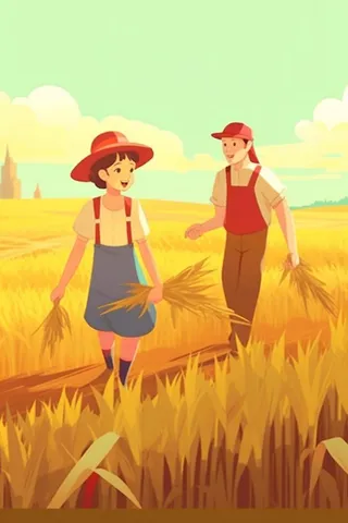 秋季丰收拿着麦穗的人金色插画背景