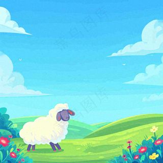 春天清新蓝天白云草地绵羊花朵扁平插画手绘