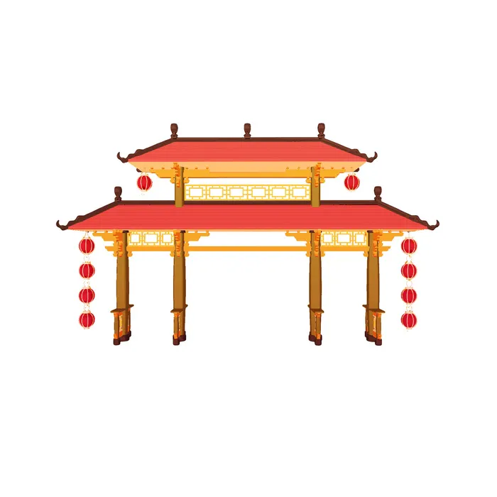 中国风复古式国潮门楼手绘城门插画牌楼建筑PSD素材png免扣图psd模版下载