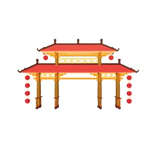 中国风复古式国潮门楼手绘城门插画牌楼建筑PSD素材png免扣图