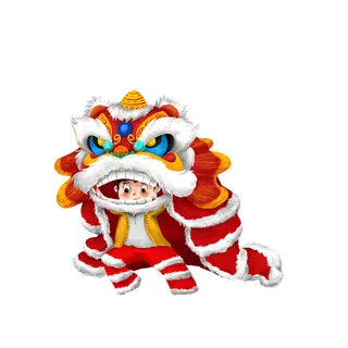 新年春节虎年元宵手绘人物舞狮卡通狮子头插画元素PSD设计素材