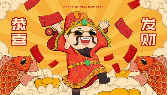 2022虎年春节团圆过大年年货赶集除夕年夜饭财神红包矢量插画