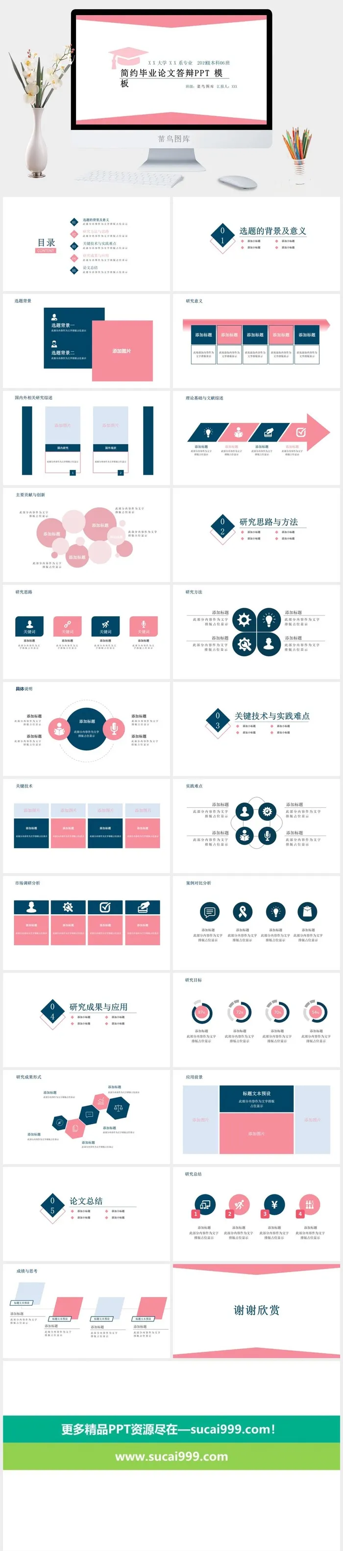 粉色简约毕业论文答辩PPT模板