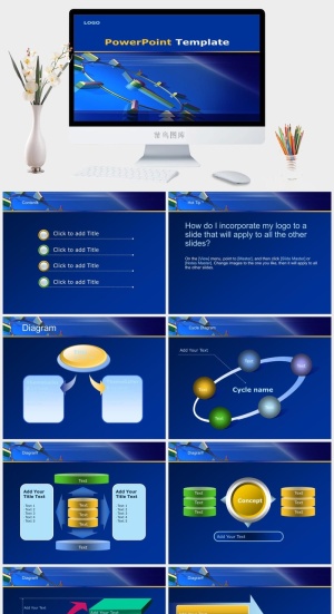 立体时钟——时间主题经典蓝商务ppt模板ppt模版预览图