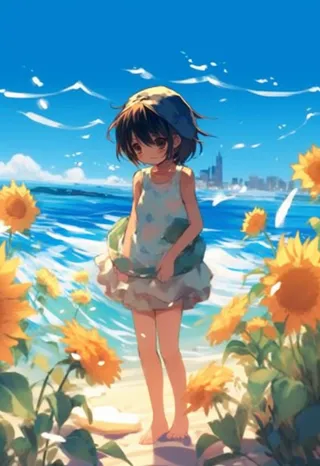 海边拿着向日葵的女孩插画背景