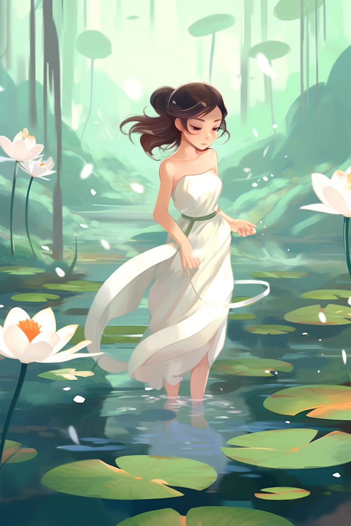 白衣少女在睡莲湖里树木卡通插画