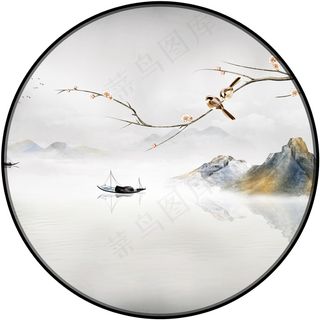 新中式山水花鸟背景图蓝色轻奢山水画客厅卧室装饰画