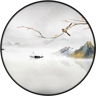 新中式山水花鸟背景图蓝色轻奢山水画客厅卧室装饰画