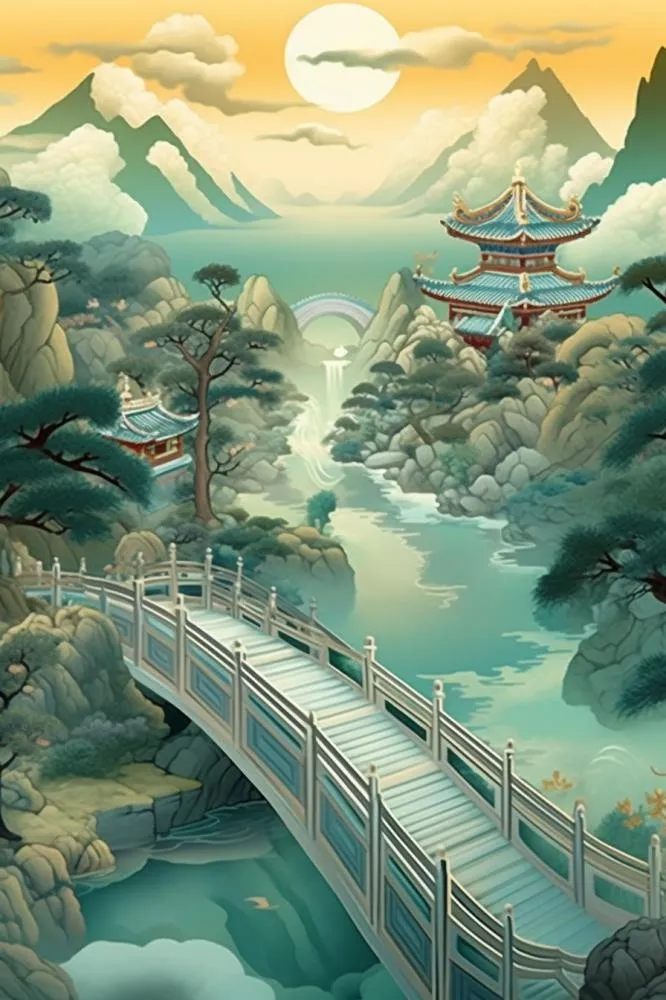 国潮云间建筑树枝插画背景(896x1344)