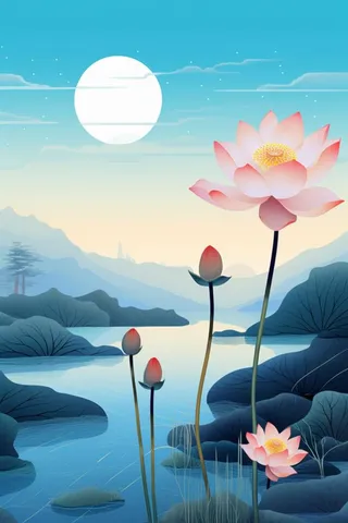 创意蓝色山水荷花荷叶背景