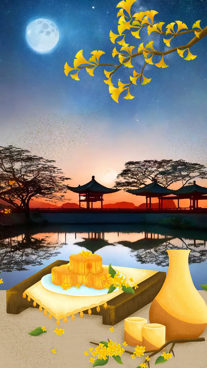 喝桂花酒吃月饼赏月佳节夜景图psd模版下载