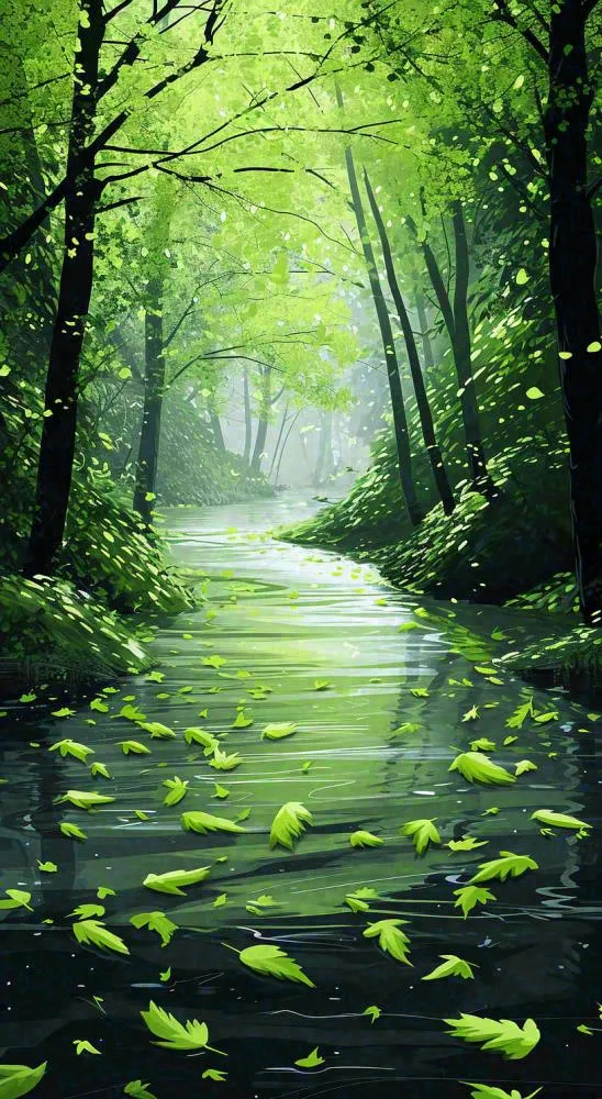 春天绿树成荫的树林里面小溪溪水飘着树叶(816x1488)