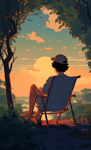 大树下躺椅上的男孩眺望远方村庄天空卡通插画素材