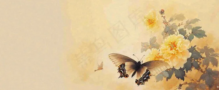 温馨纹理橙色花朵鲜花蝴蝶意境唯美渐变，中国风(1712x704)