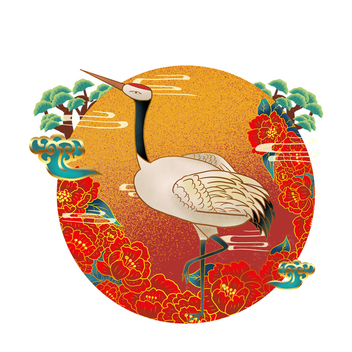 中国风国潮仙鹤山水插画手绘元素场景PSD设计素材