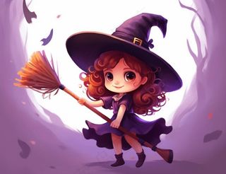 万圣节女巫骑扫把紫色卡通插画背景